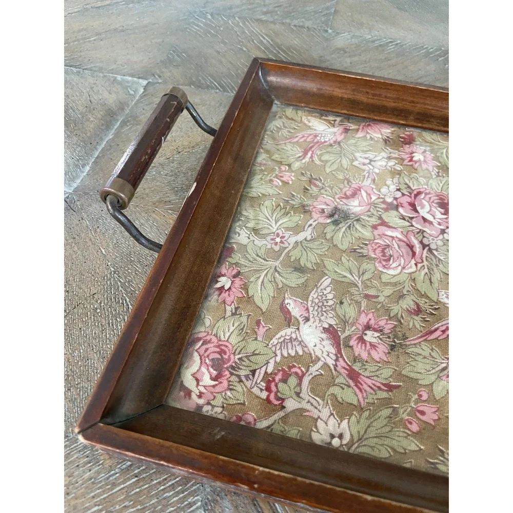 Antique Wood Framed Floral Bird  Tapestry Fabric Under Glass Handled Tray 10x19
